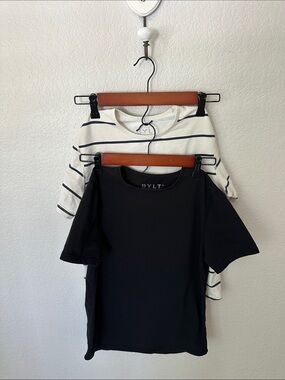 BYLT Basics Black Short Sleeve Crew Tee (paired with White Navy-Striped Top)